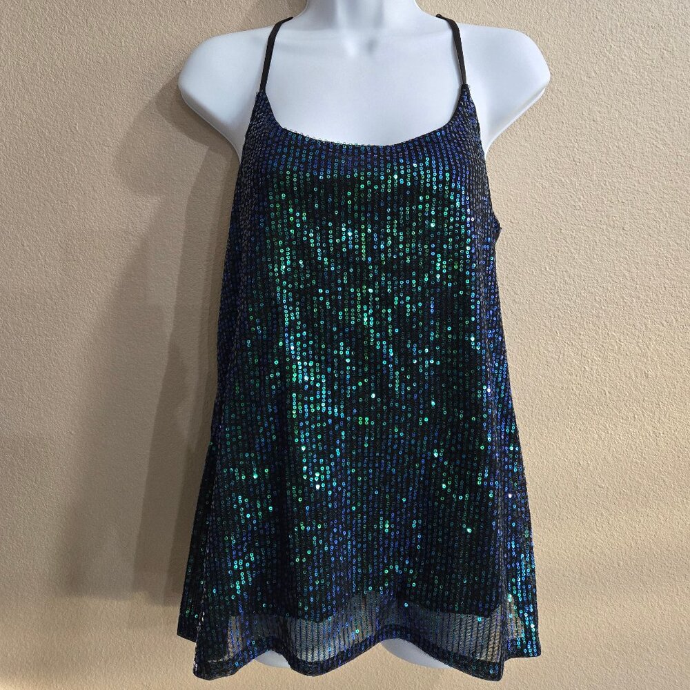 Iridescent Blue Green Sequin Halter Tank Top Size L | Party/Going Out